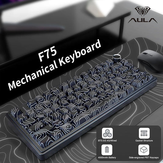 AULA F75 Wireless Game Mechanical Keyboard RGB Light Customized 75% Layout Tri Modes Keyboards W/ Contour Side Carved PBT Keycap
